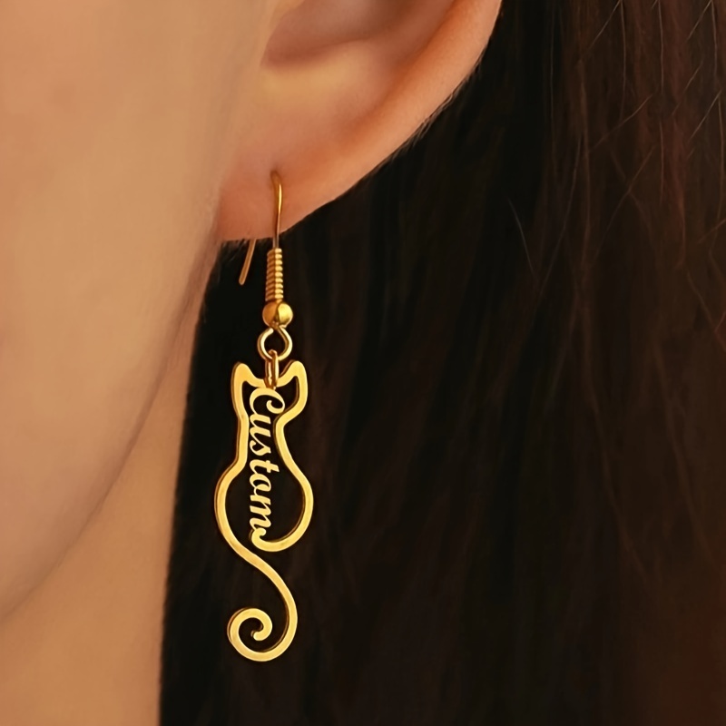 Women Accessories Name - Custom Cat Shape Name Earrings Cute