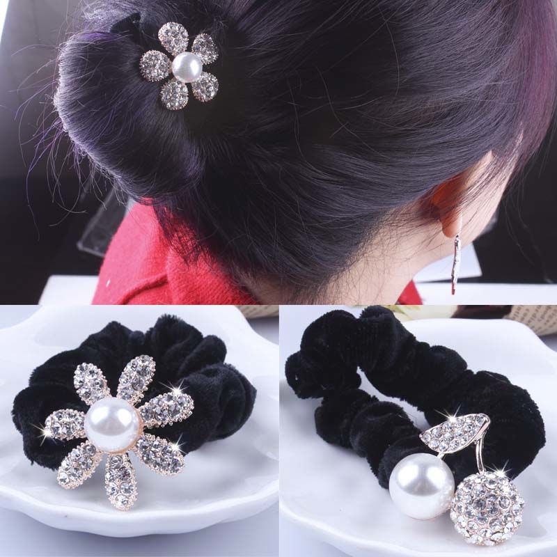 Hair Tie Velvet - 1 PC Black Velvet Scrunchies Pearl